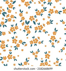 Simple vintage pattern. orange flowers, blue leaves. white  background. Fashionable print for textiles and wallpaper.