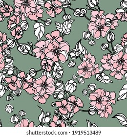 Simple vintage pattern. pastel green background, white and pink ornament of their flowers and leaves. The print is well suited for textiles, banners and Wallpapers. Stock vector illustration
