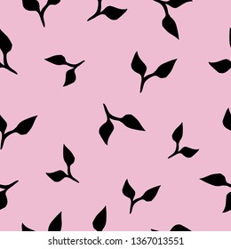 Simple vintage pattern . Pink background, cute black leaves on a branch,sprouts. The print is well suited for Wallpaper,textiles, banners and postcards.