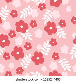 Simple vintage pattern. Pink background, red and white flowers, leaves. Print is well suited for textiles, Wallpaper and packaging.