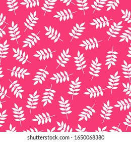 Simple vintage pattern. Pink background, white plants with leaves. The print is well suited for textiles, banner and Wallpaper, packaging.