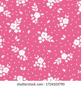 Simple vintage pattern. Pink background, white ornament flowers, dots. The print is well suited for textiles, Wallpaper and packaging.