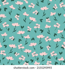 Einfaches Vintage-Muster. rosafarbene Blumen, grüne Blätter .türkiser Hintergrund. Modedruck für Textilien, Tapeten und Verpackungen.