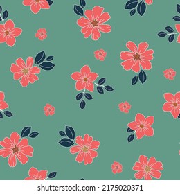 Simple vintage pattern. pink flowers, dark blue leaves. Green background. Fashionable print for textiles and wallpaper.