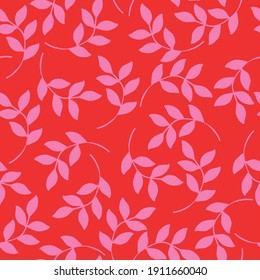 simple vintage pattern . pink leaves of the plant. red background. vector texture. fashionable bright print for textiles and wallpaper.