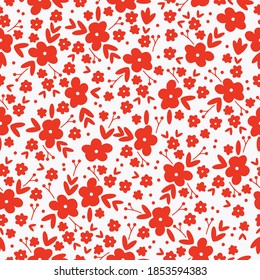 Simple vintage pattern. Red flowers ornament . White background. Vector texture. Elegant fashion print for Wallpaper and textiles.