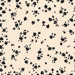 Simple Vintage Pattern. Small Black Flowers, Leaves And Dots. Light Beige Background. Fashionable Print For Textiles And Wallpaper.