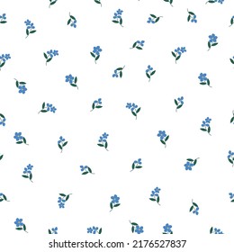 Simple vintage pattern. small blue  flowers, green leaves. white  background. Fashionable print for textiles and wallpaper.