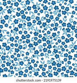 Simple vintage pattern. small blue  flowers, dark blue leaves. white  background. Fashionable print for textiles and wallpaper.