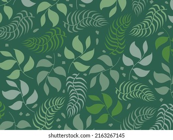 Simple vintage pattern  Small light green fern leaves  green background  