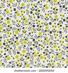 Simple vintage pattern. Small mustard and gray flowers. White background. Vector texture. Elegant print for Wallpaper.