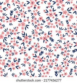 Simple vintage pattern. small pink  flowers ,dark blue leaves. white background. Fashionable print for textiles and wallpaper.