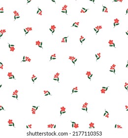 Simple vintage pattern. small red  flowers, green leaves. white background. Fashionable print for textiles and wallpaper.