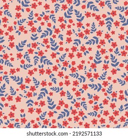 Simple vintage pattern. small red  flowers, blue leaves. light pink  background. Fashionable print for textiles and wallpaper.