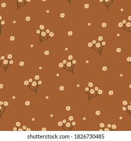 Simple vintage pattern. Small white flowers on a brown terracotta background. Vector texture. Elegant print for Wallpaper.