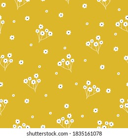 Simple vintage pattern. Small white flowers. Bright ochre background. Vector texture. Elegant fashion print for Wallpaper.