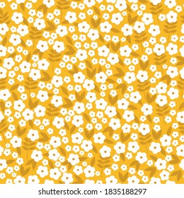 Einfaches Vintage-Muster. Kleine weiße Blumen. Hellgelber und orangefarbener Hintergrund. Vektorstruktur. Eleganter Druck für Tapete.