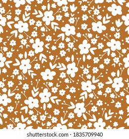 Simple vintage pattern. Small white flowers ornament. Brown background. Vector texture. Elegant print for Wallpaper.