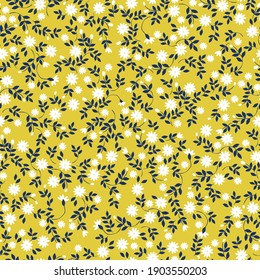 Simple vintage pattern. small white flowers. mustard background. Vector texture. Fashionable print for textiles and wallpaper.