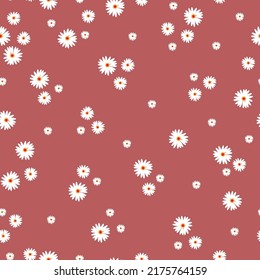 Simple vintage pattern. Small white flowers. Dark pink background. Fashionable print for textiles and wallpaper.