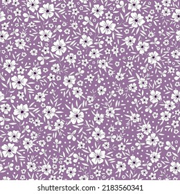 Simple vintage pattern. small white flowers, leaves and dots.   lilac background. Fashionable print for textiles and wallpaper.