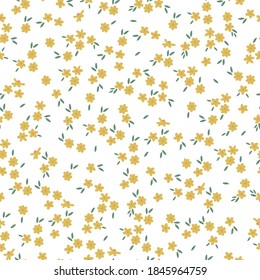 Simple vintage pattern. Small yellow flowers. White background. Vector texture. Elegant fashion print for Wallpaper and textiles.