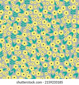 Simple vintage pattern. small yellow flowers, green leaves. Gray background. Fashionable print for textiles, wallpaper and packaging.