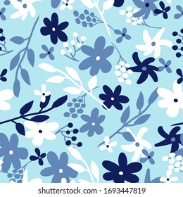 Simple vintage pattern. Soft blue background, white, blue and dark blue flowers, leaves. The print is well suited for textiles, banners, packaging and Wallpaper.
