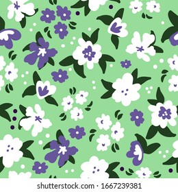Simple vintage pattern. Soft green background, white and lilac flowers, leaves.The print is well suited for textiles, Wallpaper, and packaging.