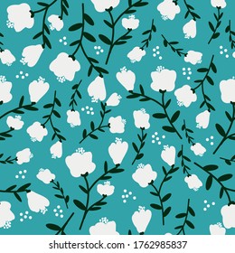 Simple vintage pattern. Turquoise background, white flowers. The print is well suited for textiles, Wallpaper and packaging.