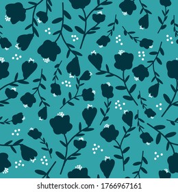 Simple vintage pattern. Turquoise background, dark flowers. The print is well suited for textiles, Wallpaper and packaging.
