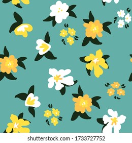 Patrón vintage simple. Fondo azul turquesa, flores amarillas, blancas y naranjas. La impresión es adecuada para textiles, papel pintado y embalajes.
