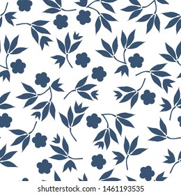 Simple vintage pattern. White background, ornament of dark blue flowers, plants, leaves. The print is well suited for textiles, Wallpaper, packaging and banners.