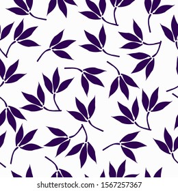 Simple vintage pattern. White background, purple plants, leaves. The print is well suited for textiles, Wallpaper and banner, packaging.