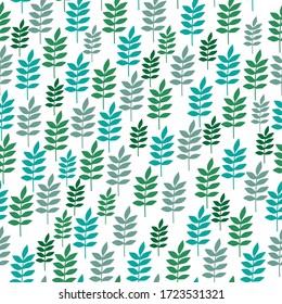 Simple vintage pattern. White background, bright green plants leaves. The print is well suited for textiles, Wallpaper and packaging.