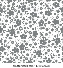 Simple vintage pattern. White background, gray flowers ornament. The print is well suited for textiles, Wallpaper and packaging.