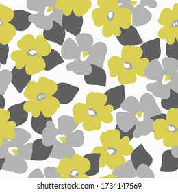 Simple vintage pattern. White background, grey and mustard flowers. The print is well suited for textiles, banners and Wallpaper.