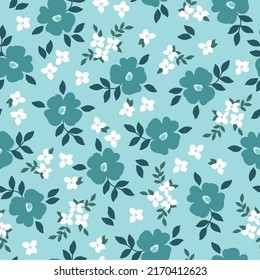 Simple vintage pattern. White and blue flowers. Light blue background. Fashionable print for textiles and wallpaper.