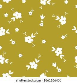 Simple vintage pattern . White flower. Mustard background. Vector texture. Elegant fashion print for Wallpaper and textiles.