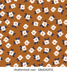 Simple vintage pattern. White flower. Terracotta background. Vector texture. Fashionable print for textiles and Wallpaper.