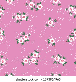 Simple vintage pattern. white flowers. Pink background. Fashionable print for wallpaper and textiles. Vector texture.