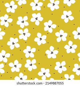 Simple vintage pattern. White flowers, black dots. Yellow background. Fashionable print for wallpaper, textiles, and packaging.