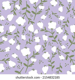 Simple vintage pattern. White flowers, green leaves. Lilac background. Fashionable print for textiles, wallpaper and packaging.