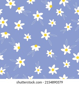 Simple vintage pattern. White flowers and leaves . Light blue background. Fashionable print for textiles, wallpaper and packaging.