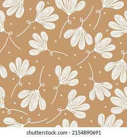 Simple vintage pattern. White flowers and dots . Beige background. Fashionable print for textiles, wallpaper and packaging.