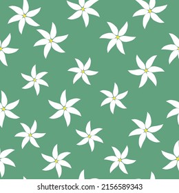 Simple vintage pattern. white flowers. Green background. Fashionable print for textiles, wallpaper and packaging.