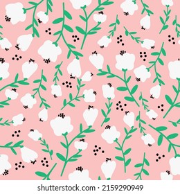 Simple vintage pattern. white flowers green leaves . Pink background. Fashionable print for textiles, wallpaper and packaging.