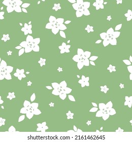 Simple vintage pattern. white flowers and leaves. light green background. Fashionable print for textiles, wallpaper and packaging.