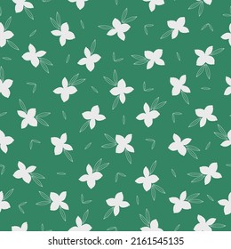 Simple vintage pattern. white flowers and leaves. green background. Fashionable print for textiles, wallpaper and packaging.