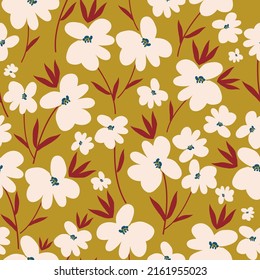 Simple vintage pattern. White flowers, red leaves. Mustard background. Fashionable print for textiles and wallpaper.